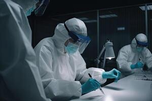 scientists in protective suits and masks working with test tubes in laboratory, Medical scientists wearing face masks, photo