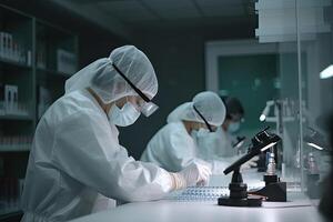 scientist working with microscope in laboratory, science research and development concept, Medical scientists wearing face masks, photo