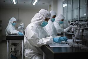 scientists in hazmat suits working with blood samples in modern laboratory, Medical scientists wearing face masks, photo