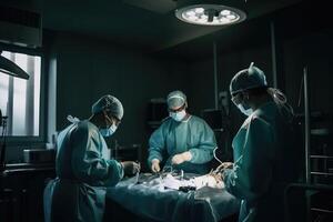 Surgeons in operating room. Group of surgeons in operating room with surgery equipment. Medical team performing a surgical operation in a hospital, photo