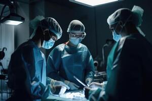 group of veterinarian surgery in operation room take with art lighting and blue filter, Medical team performing a surgical operation in a hospital, photo