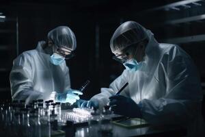 científico trabajando con prueba tubos en el laboratorio, médico científicos examinar médico muestras en un laboratorio, ai generado foto