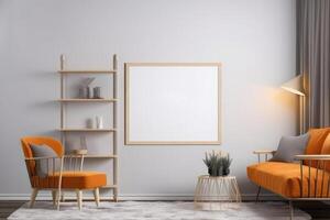 Mock up poster frame in interior background. 3D Illustration, Mockup poster frame in a modern home living room, photo
