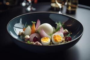 Salad with quail eggs and radish on a dark background, Michelin Star quality food dish close up view, photo