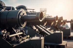 Close up of the cannon of the Russian military ship. Selective focus. Military anti aircraft cannons are shooting, photo