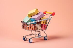 Shopping cart full of colorful gift boxes on pastel pink background, Mini shopping cart with shopping bags and boxes, photo