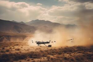 Drone flying in the desert. 3D Rendered illustration. Military combat UAV drone launching missiles, photo