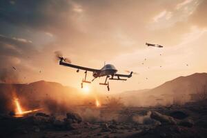 Drone flying in the sky. Military concept. Selective focus, Military combat UAV drone launching missiles, photo