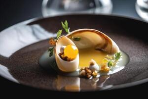 Close up of a delicious egg with nuts and herbs on a plate, Michelin Star quality food dish close up view, photo