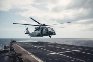 Helicopter on the deck of the aircraft carrier. Military helicopter landing on an aircraft carrier, photo