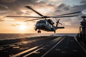 helicóptero en el cubierta de un aeronave portador durante puesta de sol. militar helicóptero aterrizaje en un aeronave transportador, ai generado foto