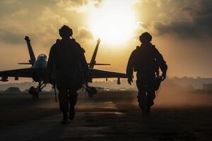 silueta de dos soldados en pie en el pista a puesta de sol. militar pilotos son caminando en un quitarse suelo, ai generado foto