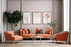 Living room interior with orange sofa, coffee table and three posters on wall. 3d render, Mockup poster frame in a modern home living room, photo