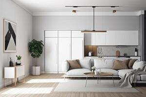 Interior of modern kitchen with white walls, wooden floor, white cupboards and white sofa with coffee table. 3d rendering, Mockup poster frame in a modern living room wall, photo