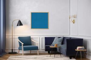 interior with blue sofa and blue armchair. 3d illustration, Mockup poster frame on the wall in a living room, photo