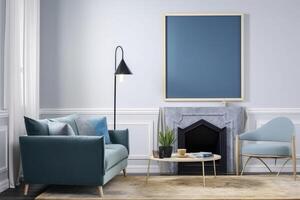 Interior of modern living room with blue armchairs and fireplace. Mock up, 3D Rendering, Mockup poster frame on the wall in a living room, photo