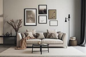 Interior design of modern living room with beige sofa, coffee table and posters. 3d render, Mockup poster frame on the wall in a living room, photo