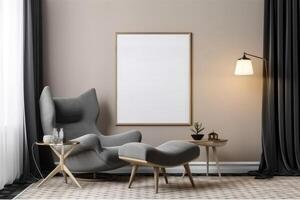 Mock up poster frame in interior background, 3D Illustration, Mockup poster frame on the wall of the living room, photo