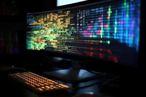 computadora monitor con valores mercado datos en el pantalla, valores mercado concepto, moderno computadora pantalla demostración vistoso codificación, ai generado foto