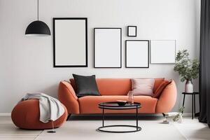 interior de moderno vivo habitación con naranja sofá, café mesa y Tres blanco imagen marcos en pared. 3d prestar, Bosquejo póster marco en el blanco pared en un escandinavo, ai generado foto