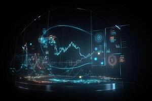 Abstract digital background with financial charts and graphs. 3D Rendering, Modern and futuristic data visualization hologram, photo