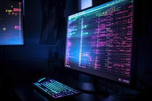 Cyber security concept. Computer monitor with binary code on dark background, Modern computer screen showing colorful coding, photo