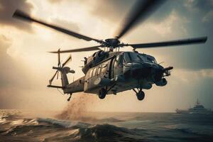 Military helicopter flying in the sky over the sea. Vintage style. Navy helicopter flying in a warzone, photo