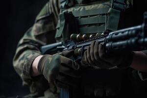 cerca arriba de soldados manos participación un asalto rifle en oscuro fondo, moderno militar munición de cerca con un soldado, ai generado foto