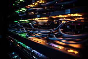 close up of network cables connected to servers in a data center. Network cables connected to the network switch, AI Generated photo