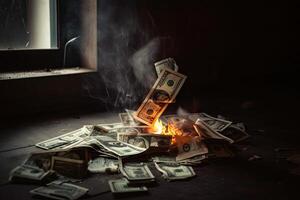 Burning dollar banknotes on dark background. Business concept. Selective focus, money burning, photo