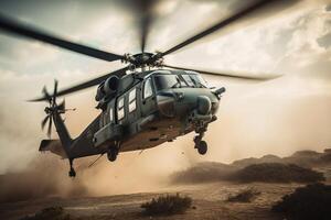 militar helicóptero volador terminado el Desierto durante un militar operación en África. Armada helicóptero volador en un zona de guerra, ai generado foto