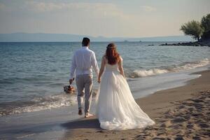 Wedding couple walking on the beach. Wedding in Montenegro, New bride and groom full rear view walking on the beach, photo