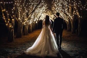 Beautiful wedding couple, bride and groom, walking in the park at night, New bride and groom full rear view standing and holding hand, AI Generated photo