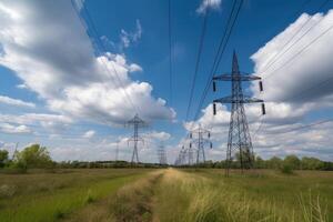 alto voltaje poder líneas en el campo en un soleado día, moderno eléctrico utilidad líneas con un azul cielo, ai generado foto