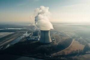 Aerial view of nuclear power plant in Poland. Drone photography. Nuclear power plant aerial view with smoke, AI Generated photo