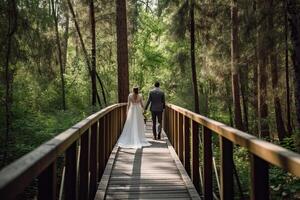 Wedding couple walking on a wooden bridge in the pine forest, New wedding couple full rear view walking on a bridge in forest, photo