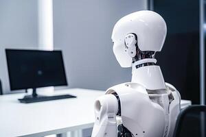 Robot humanoid working on a computer in a modern office. 3D rendering, ai robot Office boss rear view, photo