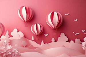 Paper art of hot air balloons flying in the sky. 3D Rendering, Paper cut style Valentine day with heart balloon, AI Generated photo