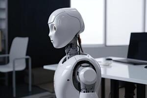 3d rendering humanoid robot working in modern office, artificial intelligence concept, ai robot Office boss rear view, photo