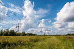 High voltage power lines on a sunny meadow and blue sky with clouds, Modern electrical utility lines with a blue sky, photo