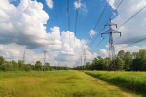 alto voltaje poder líneas en el antecedentes de verde campo y azul cielo, moderno eléctrico utilidad líneas con un azul cielo, ai generado foto