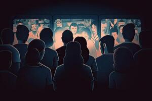 Group of people watching tv in the dark room. Toned image, People crowd watching TV in dark background, photo
