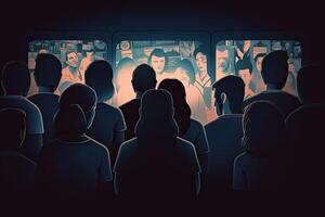 Group of people watching tv in the dark room. Toned image, People crowd watching TV in dark background, AI Generated photo