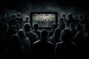 Crowd watching horror movie on television screen. Horror movie concept. People crowd watching TV in dark background, AI Generated photo