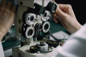 cerca arriba de oftalmólogo utilizando microscopio en médico laboratorio, oftalmología médico haciendo investigación en un humano, ai generado foto