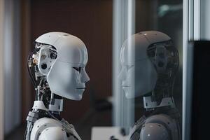 Two robots in a row looking at the camera. 3d rendering, ai robot Office boss rear view, photo