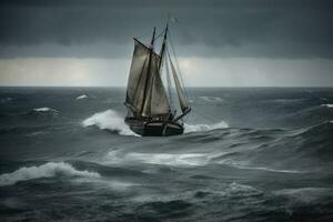 Vintage sailboat in stormy sea. Toned image. Old sailboat caught in a big storm at sea, AI Generated photo