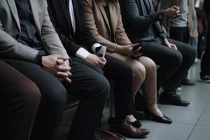 grupo de negocio personas esperando para trabajo entrevista. selectivo enfocar. personas sin caras y de cerca puntos de vista esperando para un entrevista, ai generado foto