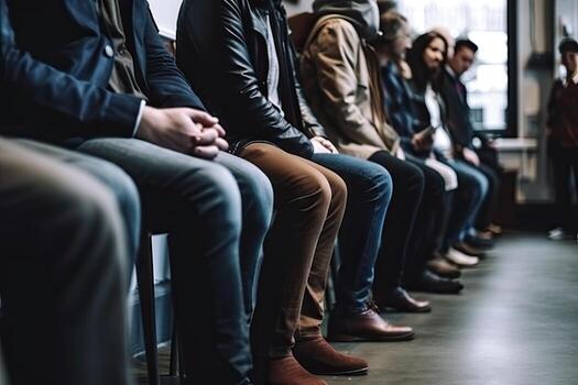 Group of people waiting for job interview. Group of business people waiting for job interview. People without faces and closeup views waiting for an interview, photo
