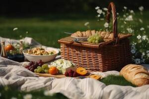 Picnic on the grass in the park. Picnic basket with cheese, grapes, croissants and fruits. Picnic fabric sheet on a green field with a picnic basket, photo